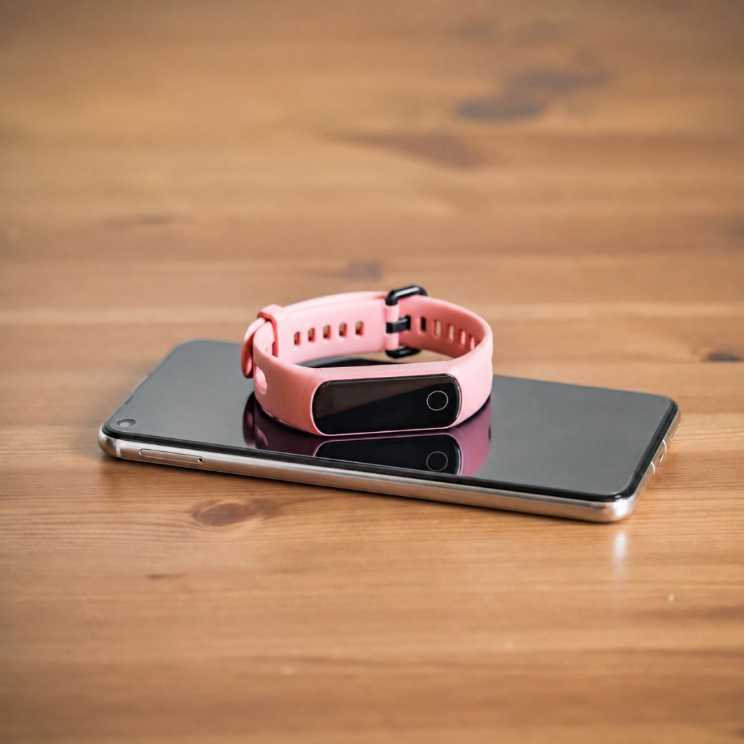 Pink fitness tracker wearable band on a smartphone