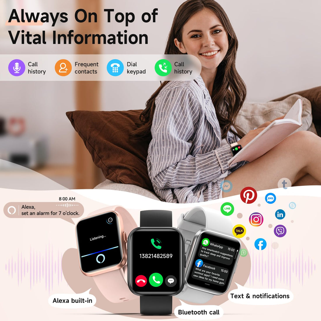Women's 1.8-Inch Smartwatch Fitness Tracker with Alexa