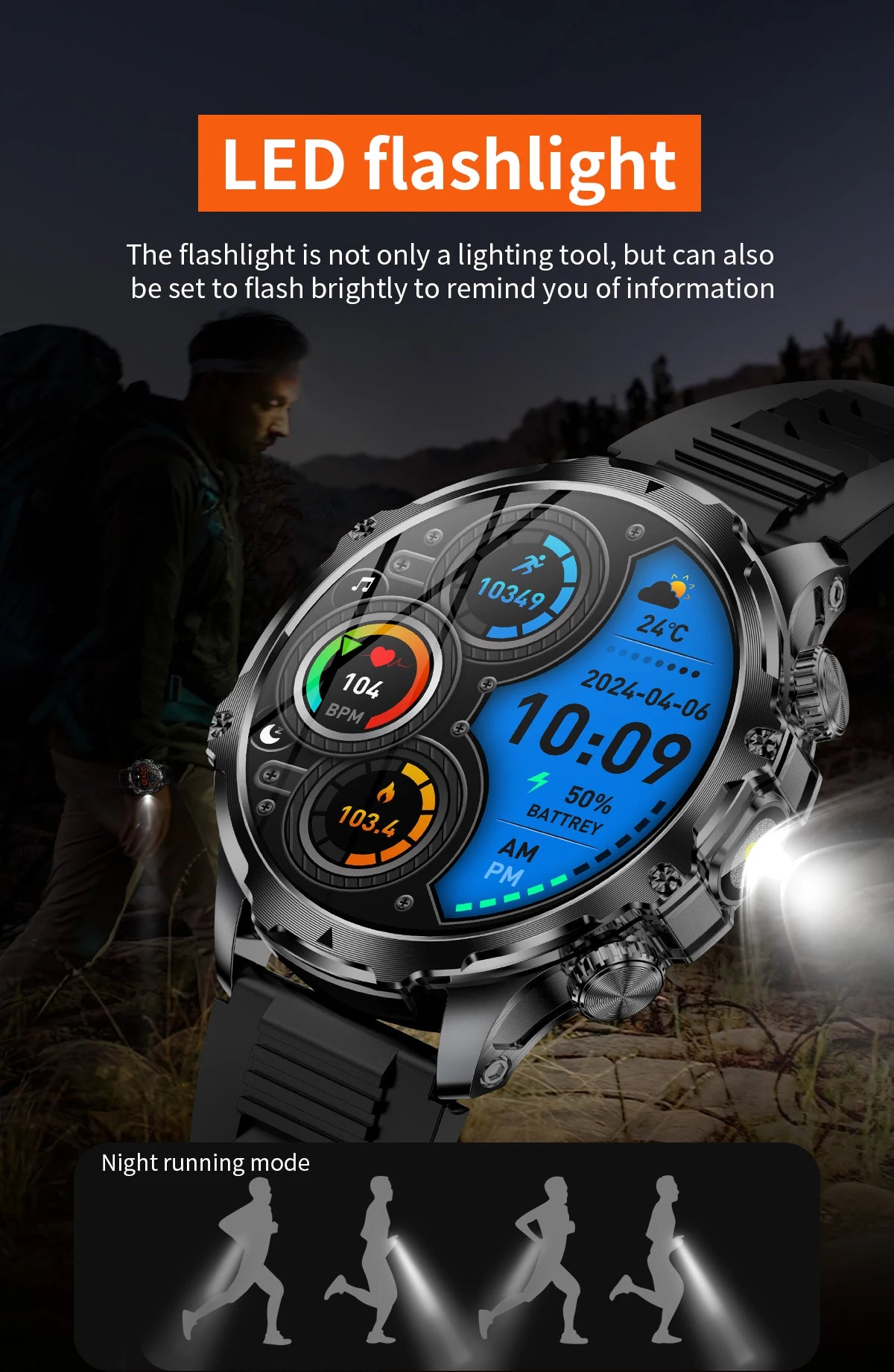 Smart Watch LED Flashlight Fitness Tracker